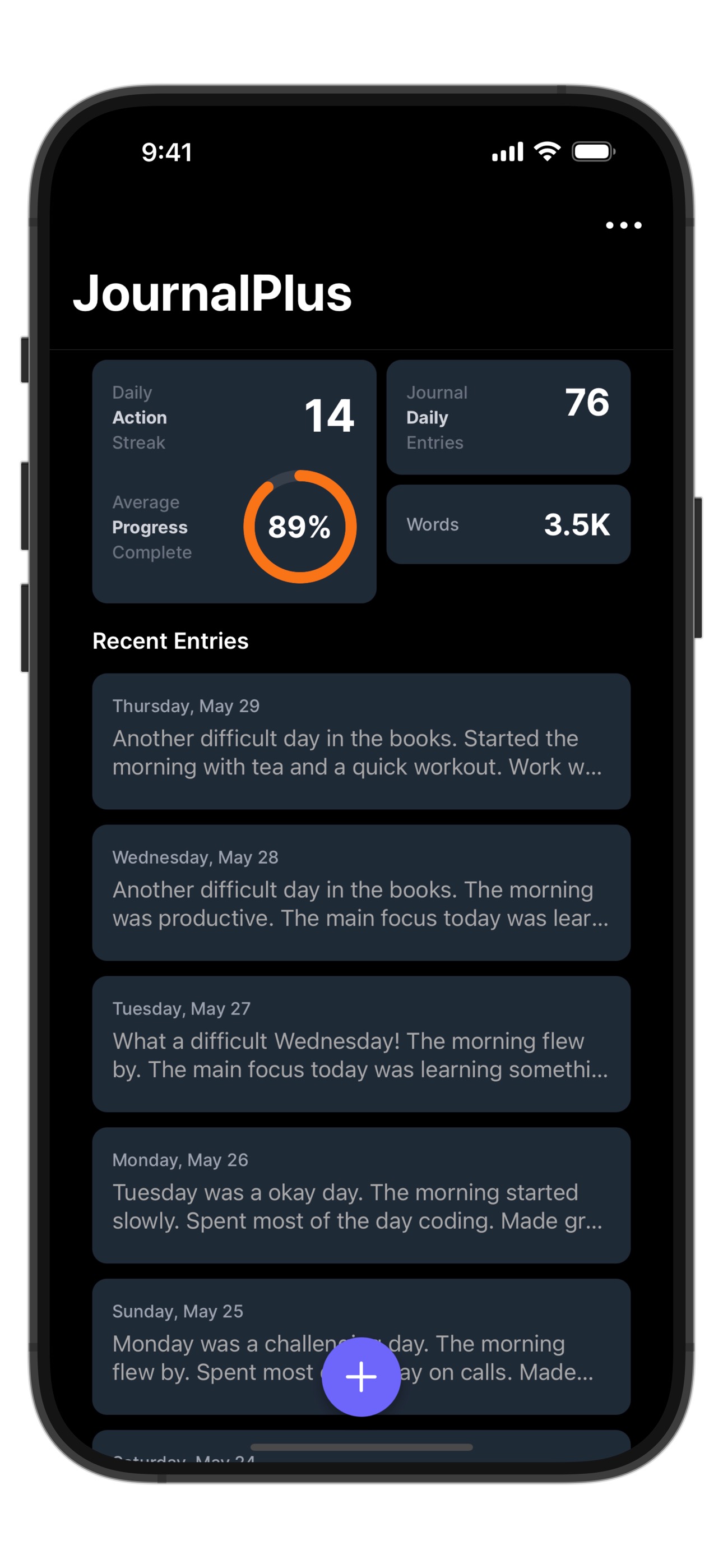 JournalPlus main dashboard